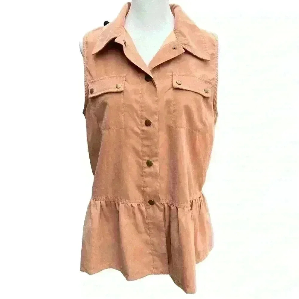 Entro Dusty Peach Boho Floral Sleeveless Peplum Tunic top blouse shirt Small - Picture 3 of 8